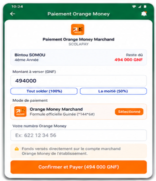 Paiement Orange Money ScolaPay